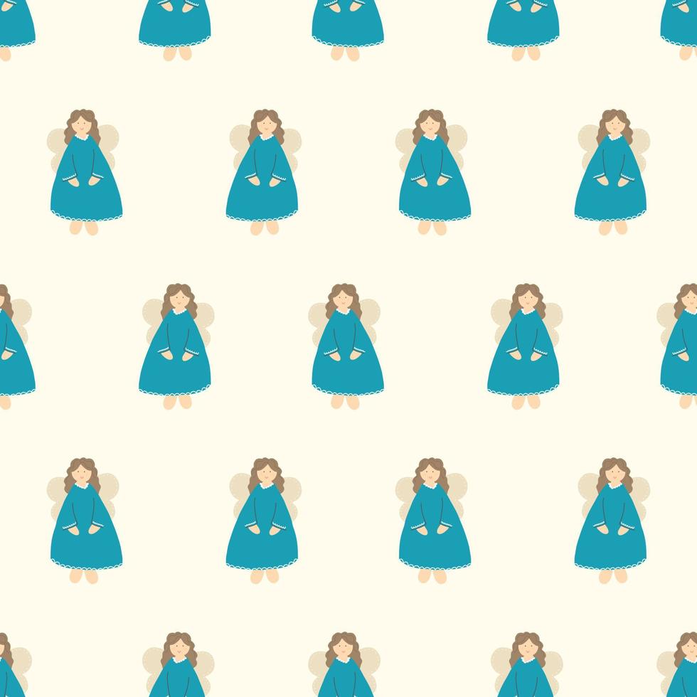 Pattern with a little angel. Cute angel girl in a blue dress on a pattern for wrapping paper, packaging, fabrics. vector