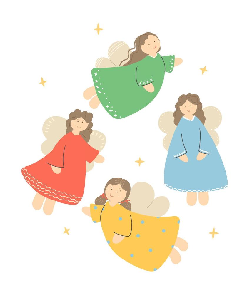 Cute cartoon angels. Girls in dresses with wings. vector