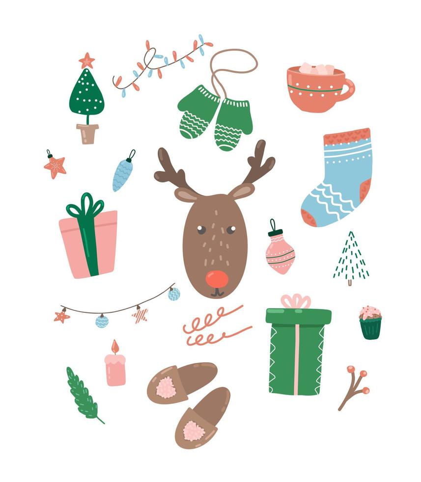 Christmas clipart. Vector set of New Year elements for stickers, postcards, packaging, decor.