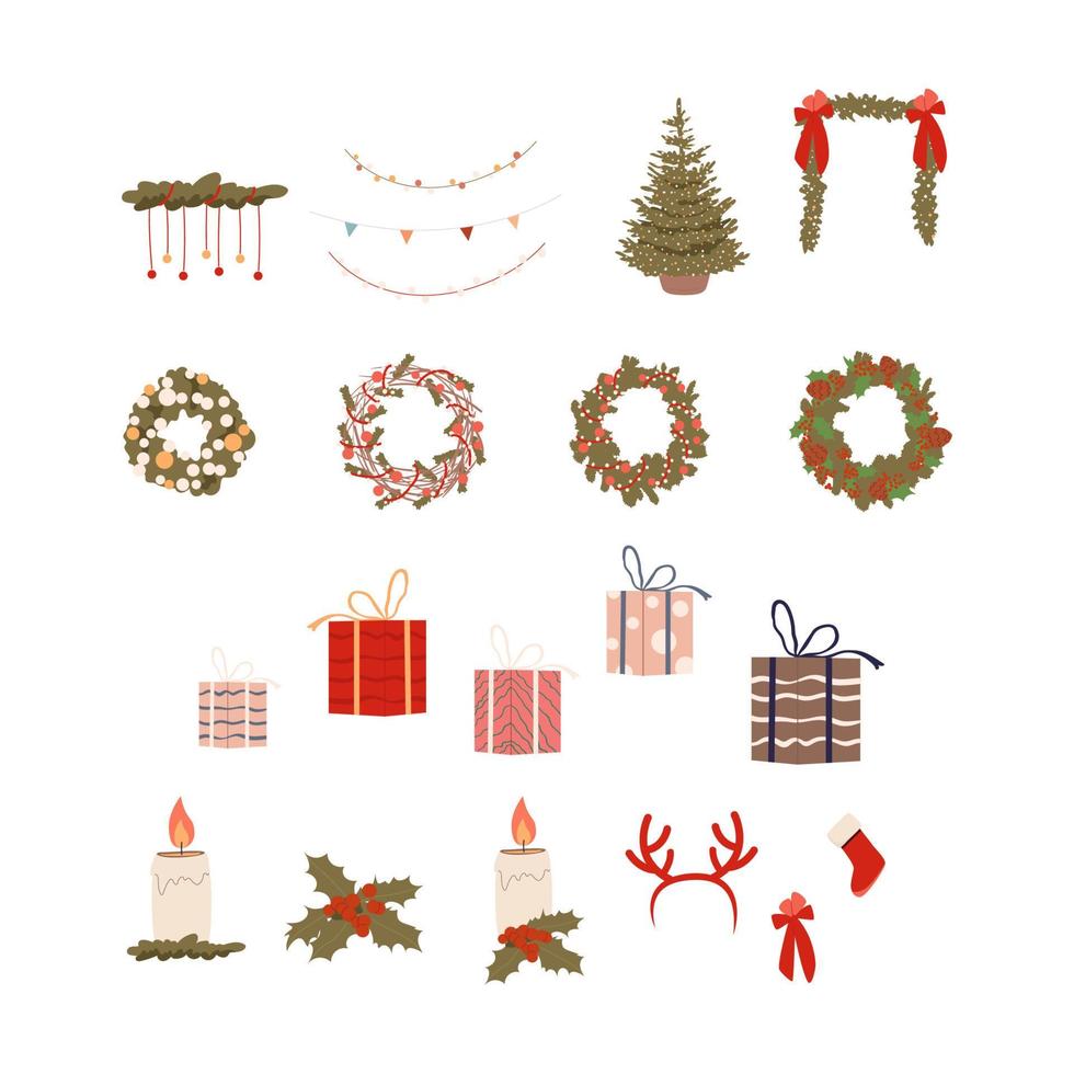 conjunto de iconos de decoración navideña. árbol de Navidad. corona de puerta, cahdles, regalos y guirnaldas. colección de elementos de vacaciones. ilustración vectorial aislada en el fondo blanco vector