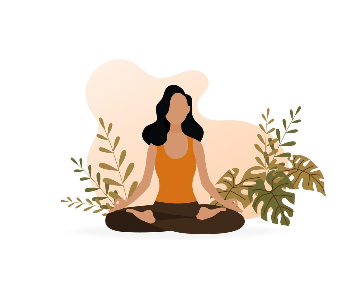 Young woman meditating in yoga lotus pose. Girl doing exercises against a background of abstract nature. Physical and spiritual practice. Vector illustration.