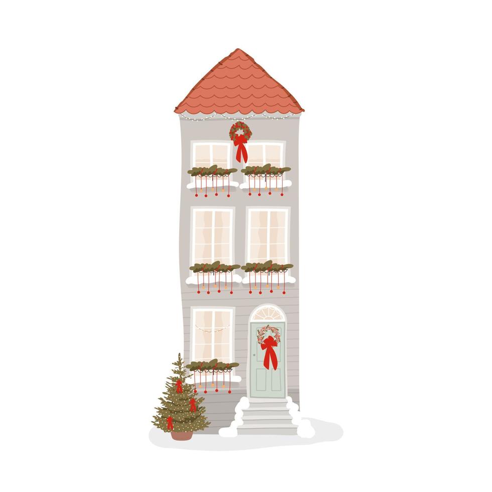 fachada de casa de europa de invierno con decoración navideña y corona de puerta, y árbol de navidad en la olla. arquitectura con ambiente navideño. ilustración vectorial aislado en blanco vector