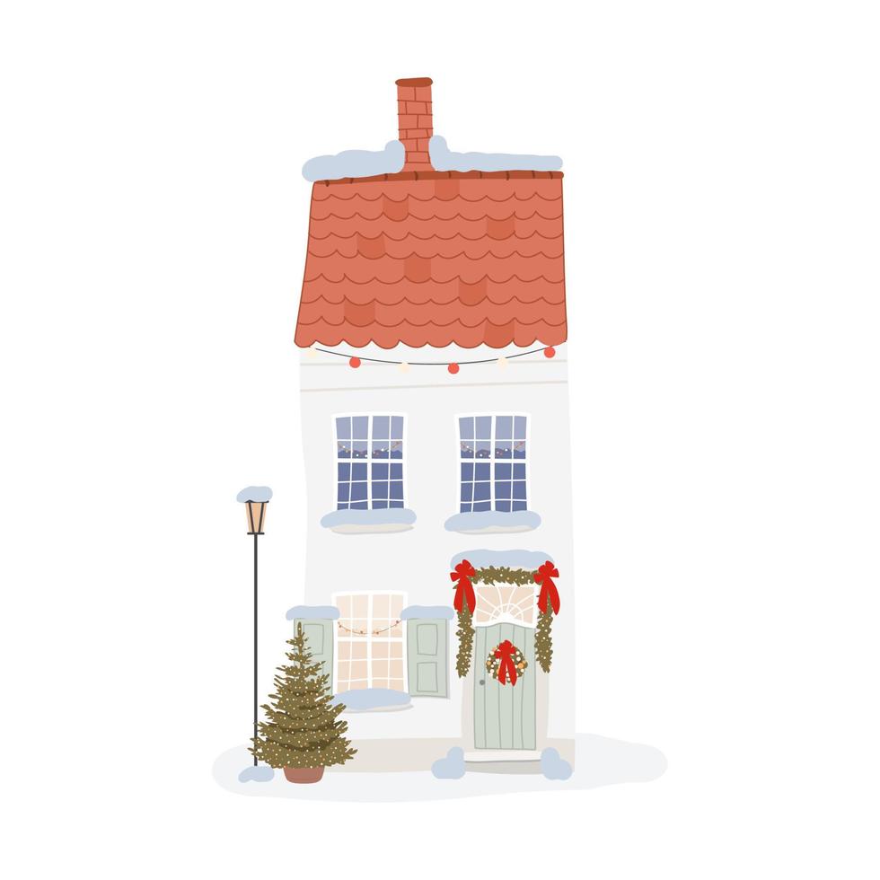 fachada de casa de europa de invierno con decoración navideña y corona de puerta, y árbol de navidad en la olla. arquitectura tradicional. linterna. ilustración vectorial aislado en blanco vector