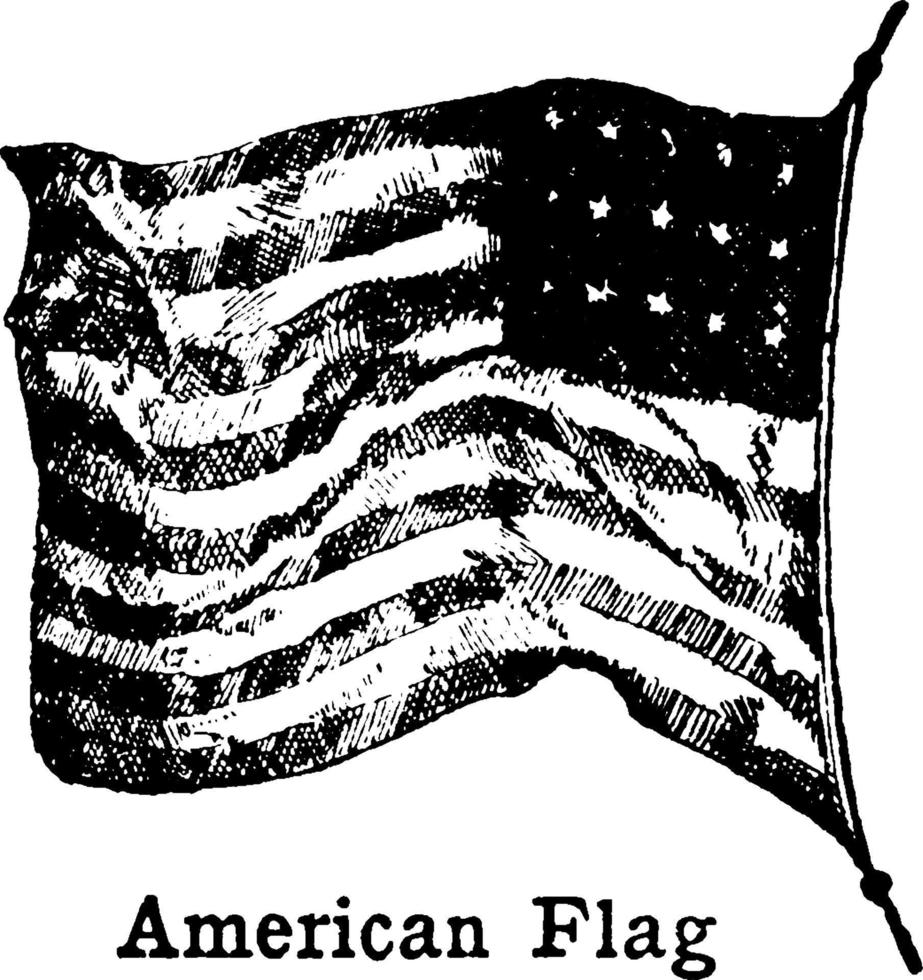 Picture of old American Flag on a flag pole, vintage illustration