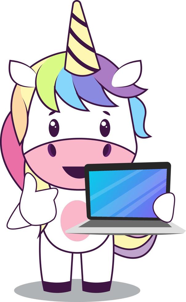 Unicorn with laptop, illustration, vector on white background.