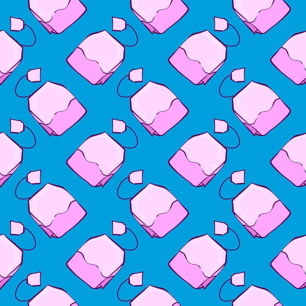 Pink teabag,seamless pattern on blue background. vector