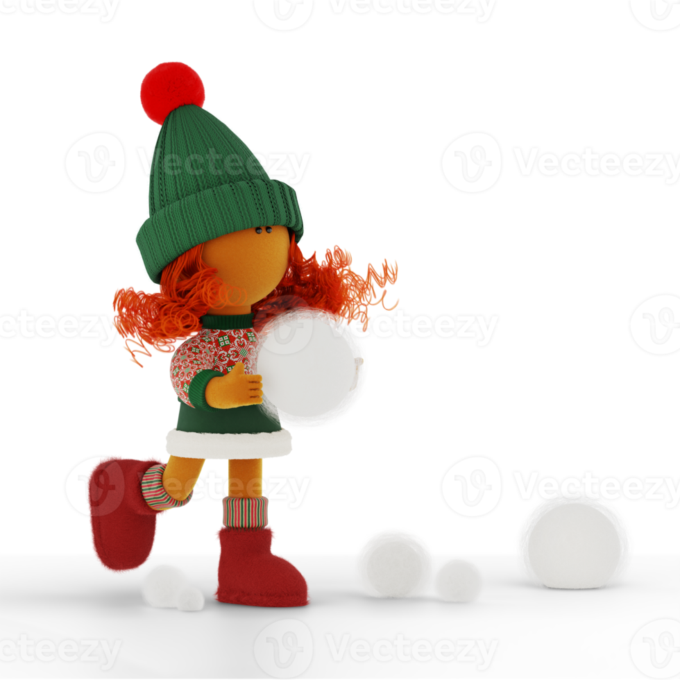 Cute curly red haired poppet girl playing snowballs png
