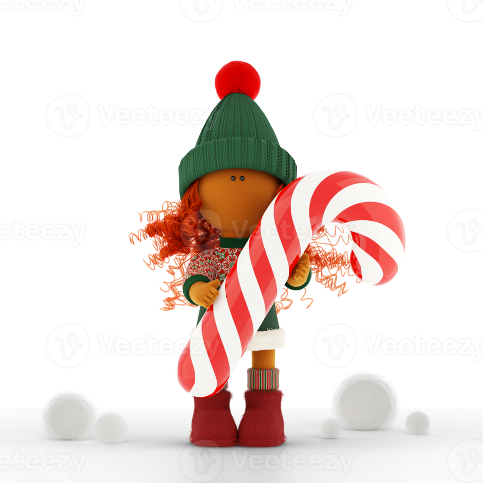 Cute curly red-haired rag doll gives big Christmas red and white candy cane png