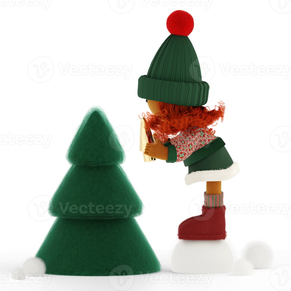 Cute curly red haired rag doll decorates the Christmas tree with a golden spire png