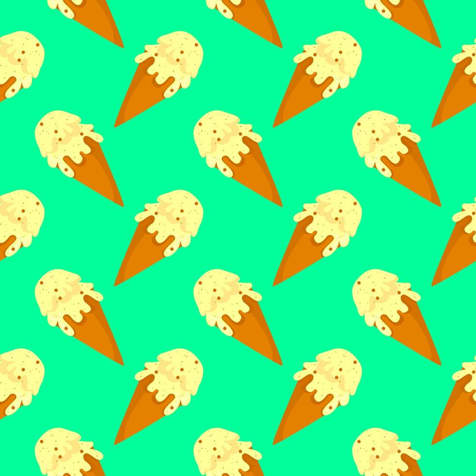 Ice cream in a cone, seamless pattern on green background. vector