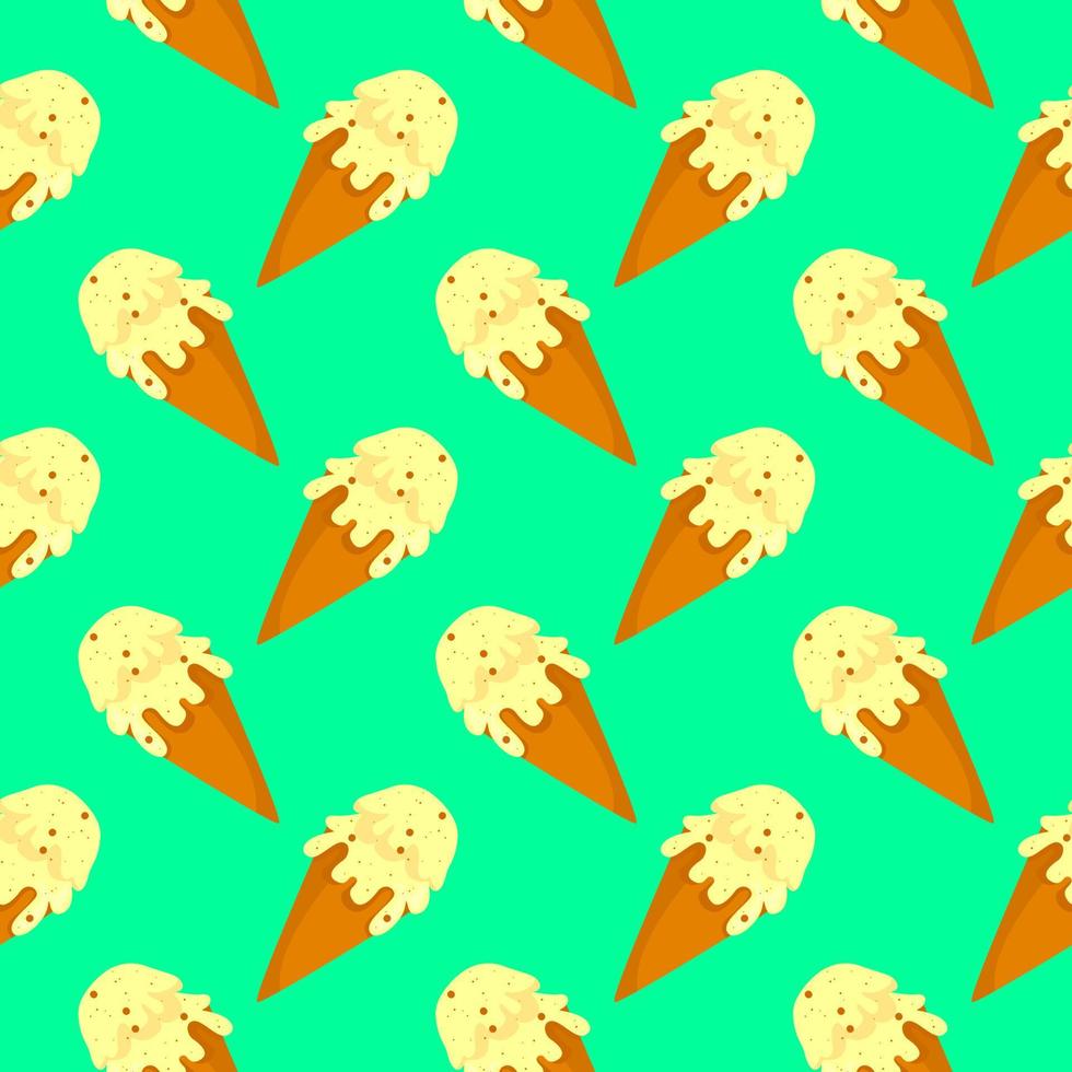 Ice cream in a cone, seamless pattern on green background. vector