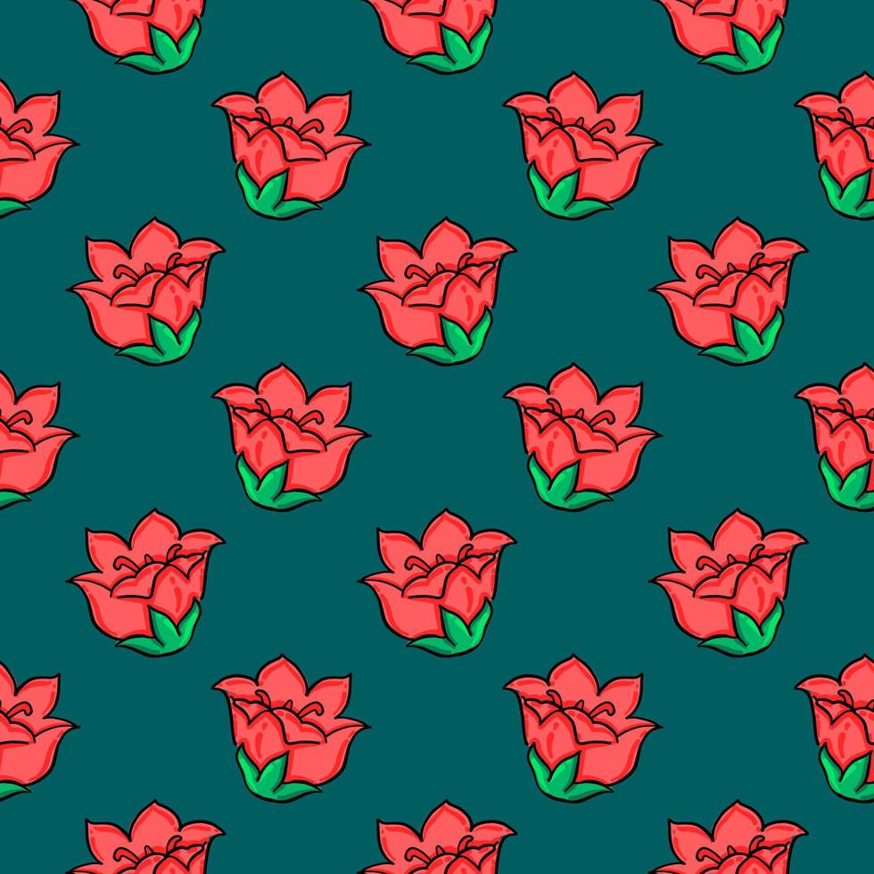 Red flowers, seamless pattern on dark green background. vector