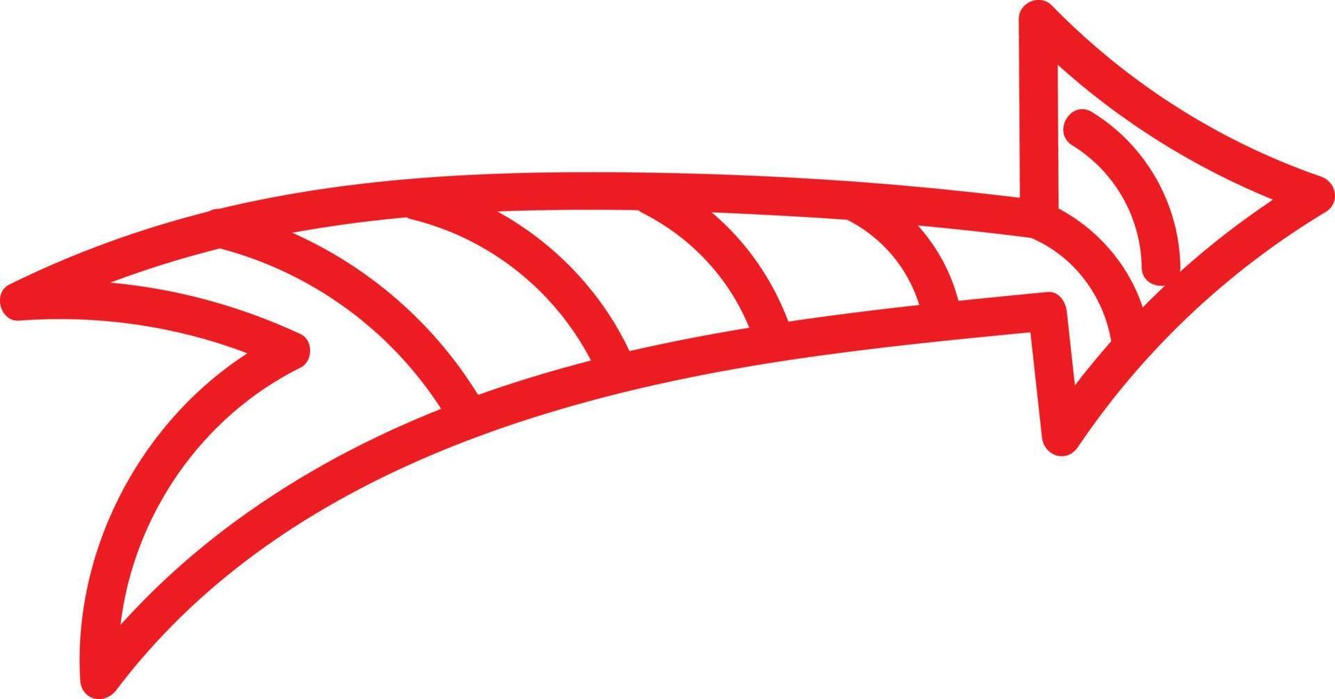 Red arrow with stripes in it pointed to the right, illustration, vector on white background.