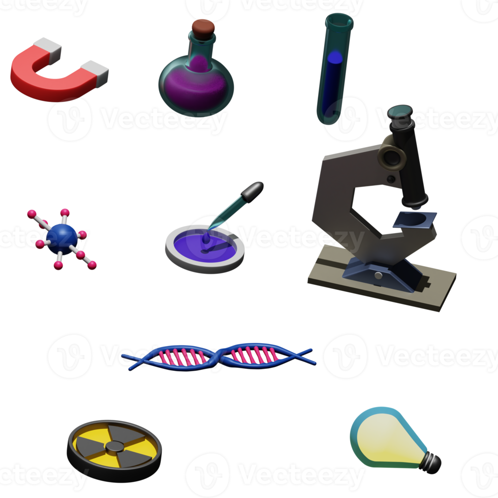 3d rendered scientist set includes magnet, microscope, dna, lamp, biohazard, tube, etc perfect for design project png