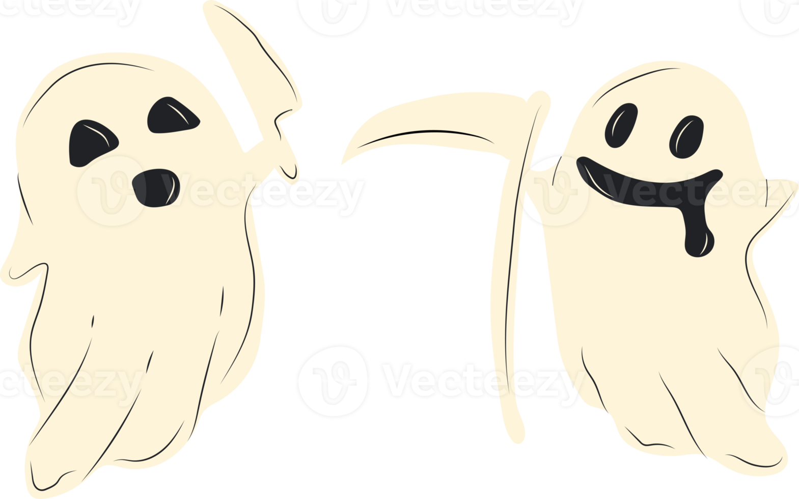 Cartoon halloween ghosts with a knife and a scythe Funny faces.  All elements are isolated png