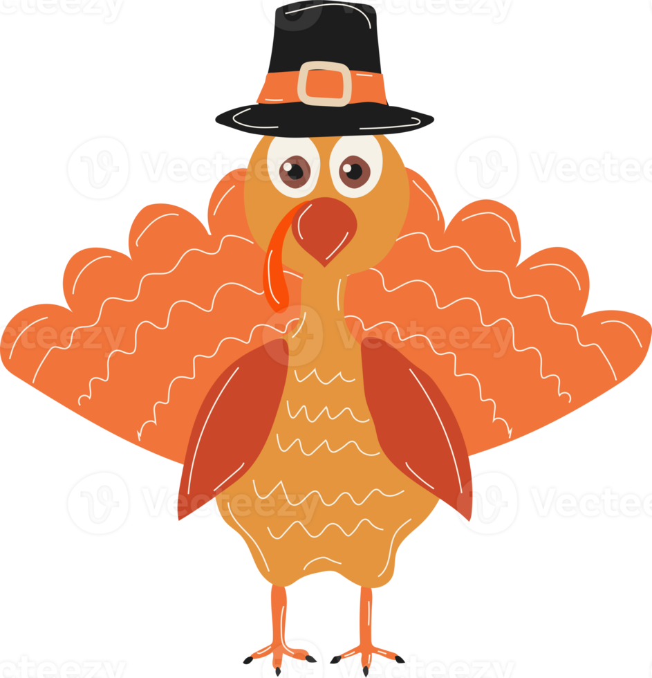 Happy Thanksgiving Day. Cartoon Turkey in a pilgrim hat. png