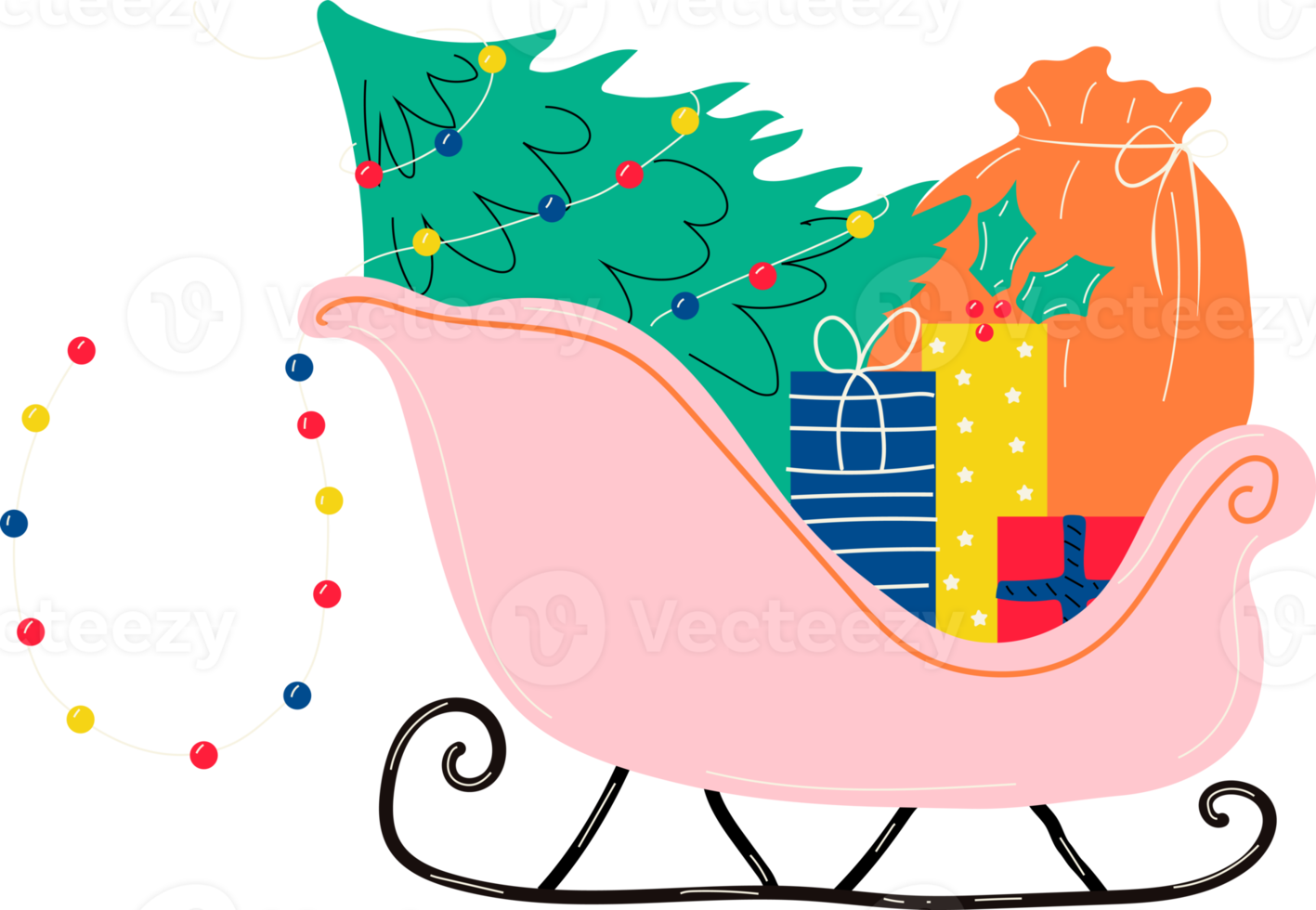 Christmas sleigh with gifts and Christmas tree.  Postcard png