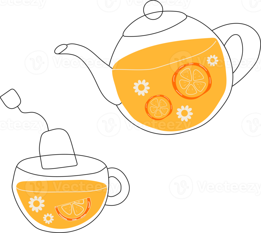 te med citron- och kamomill löv, te, kopp, glas, platt illustration, uppsättning. Allt element är isolerat png