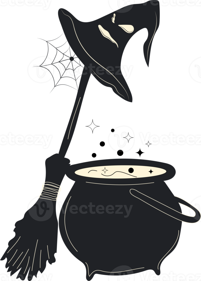caldeirão de bruxas dos desenhos animados com poção ao lado de uma vassoura e um chapéu de feiticeiro. símbolo do dia das bruxas. conjunto de bruxas png