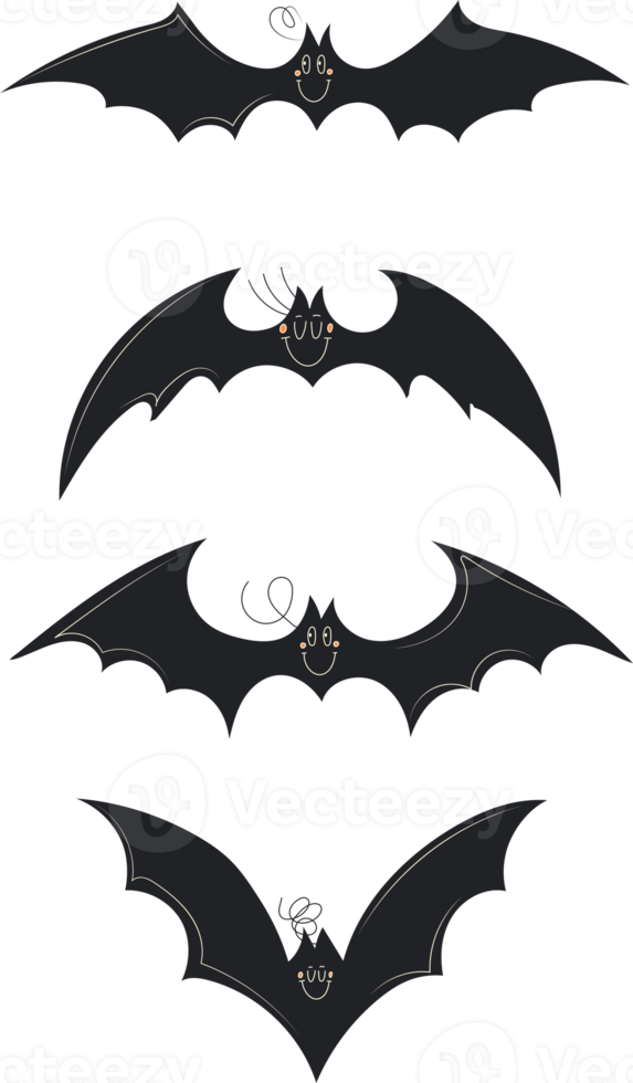 Set of Various black and white of bats with face emotions, hands and legs. Hand drawn trendy Cute funny characters. All elements are isolated png