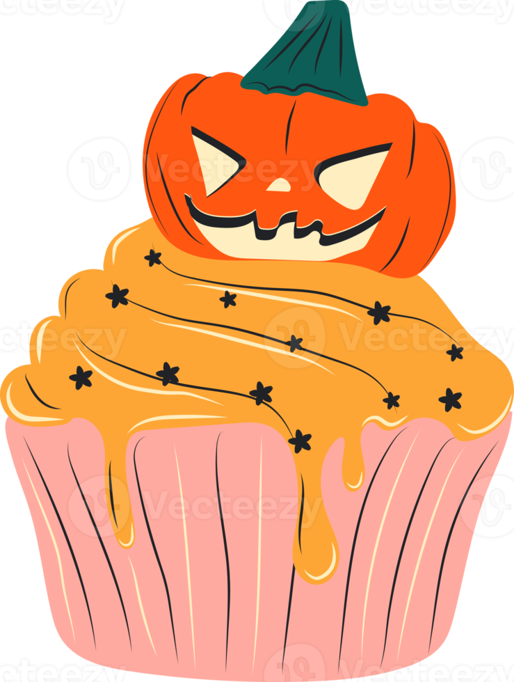 cupcake fofo de halloween com personagens de desenhos animados de chapéu de bruxa, estilo desenhado à mão. png