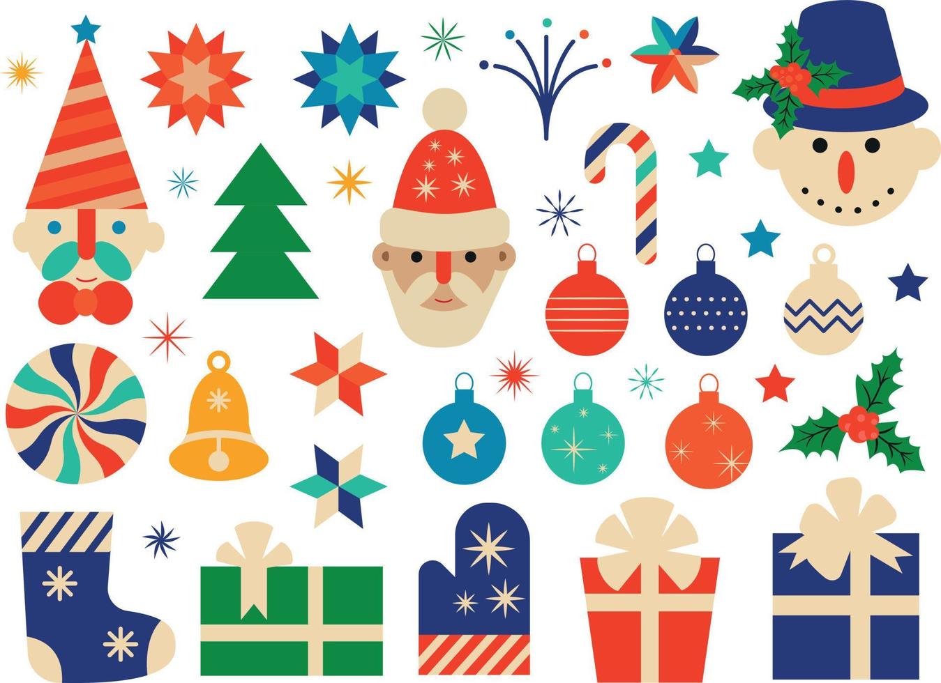 Christmas holiday decorations and elements Santa Claus, snowman, Christmas decorations. Vector flat illustration