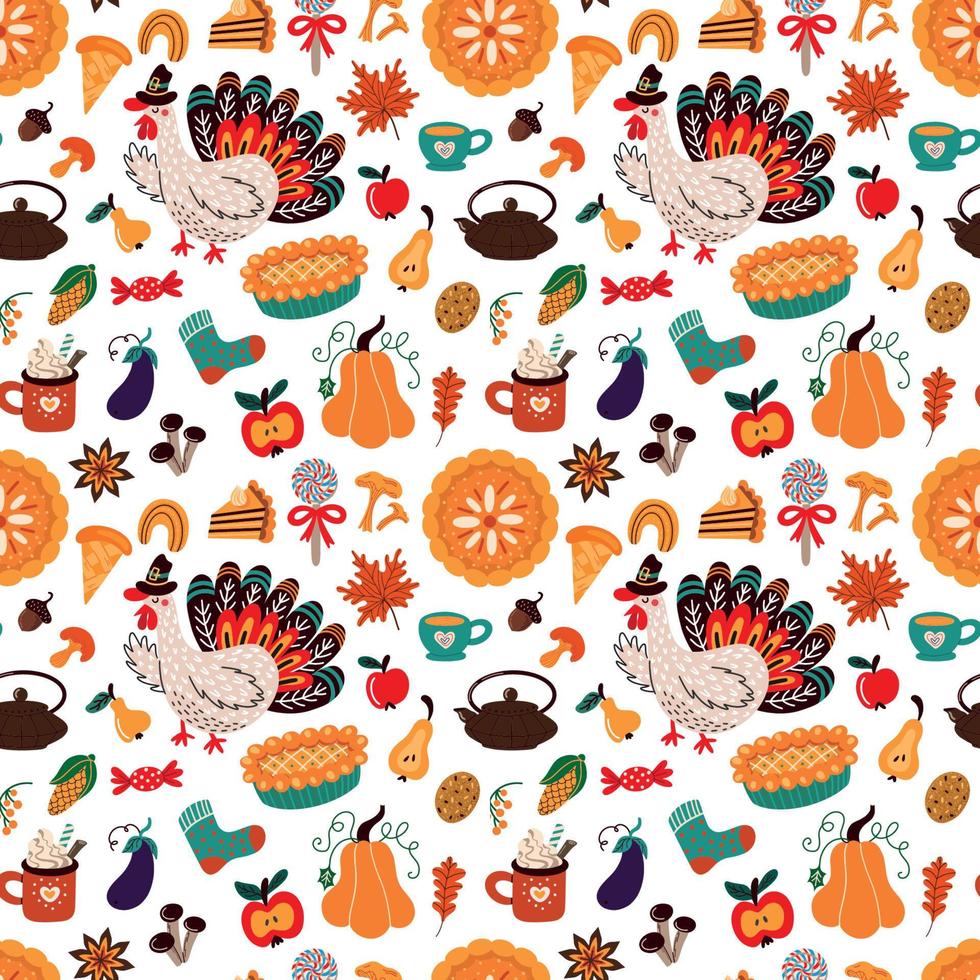 Thanksgiving pattern with Turkey and autumn food vector