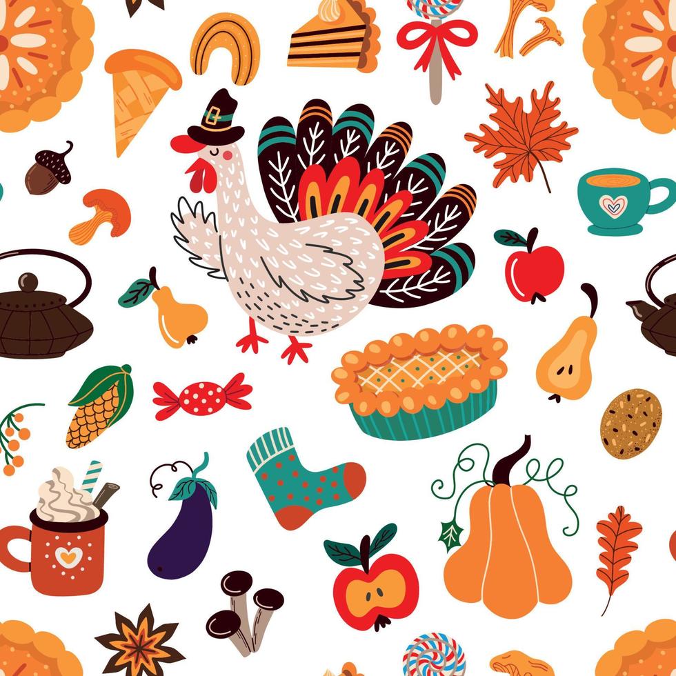 Thanksgiving pattern with Turkey and autumn food vector