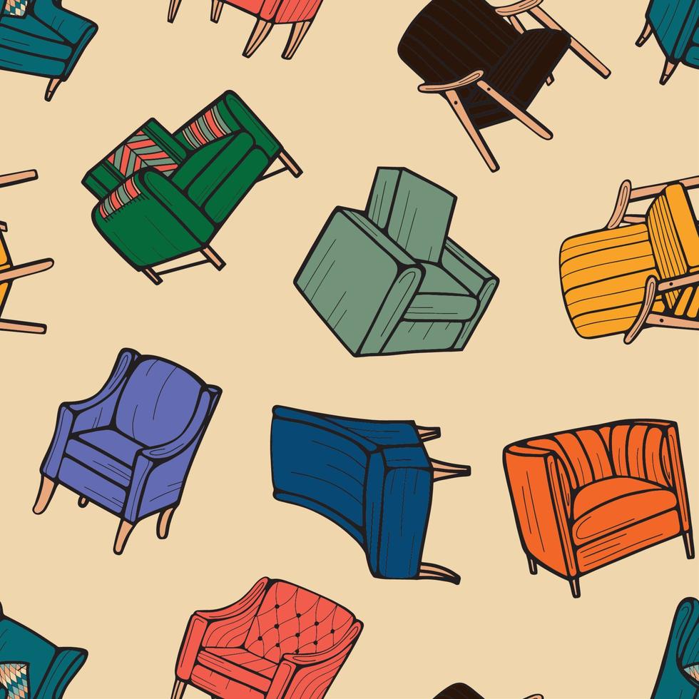 Armchairs and chairs in vintage style seamless pattern. Hand-drawn vector illustration