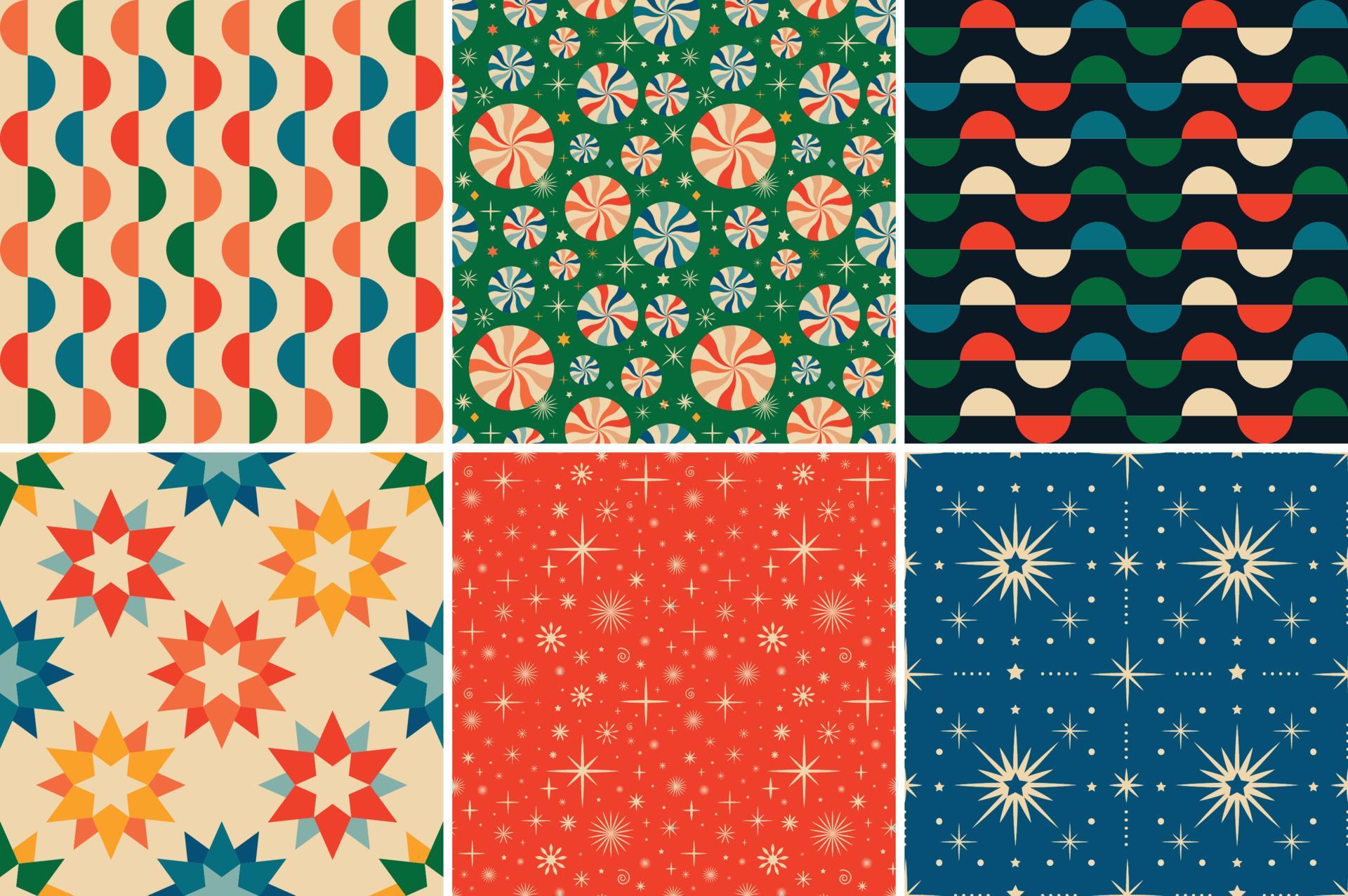 Vintage retro Christmas seamless patterns in the style of the 60s and 70s 13859695 Vector Art at