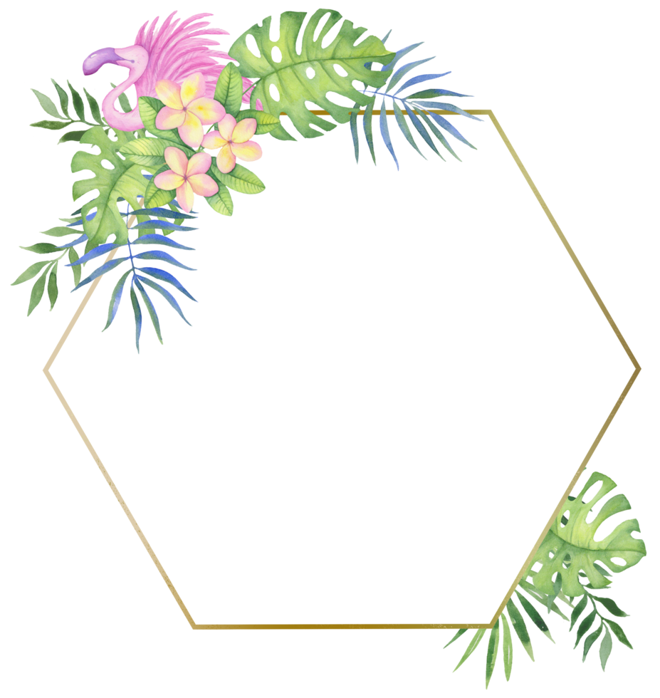 Golden frame with tropical flowers and leaves. Watercolor illustration for invitations, holiday cards, design. png