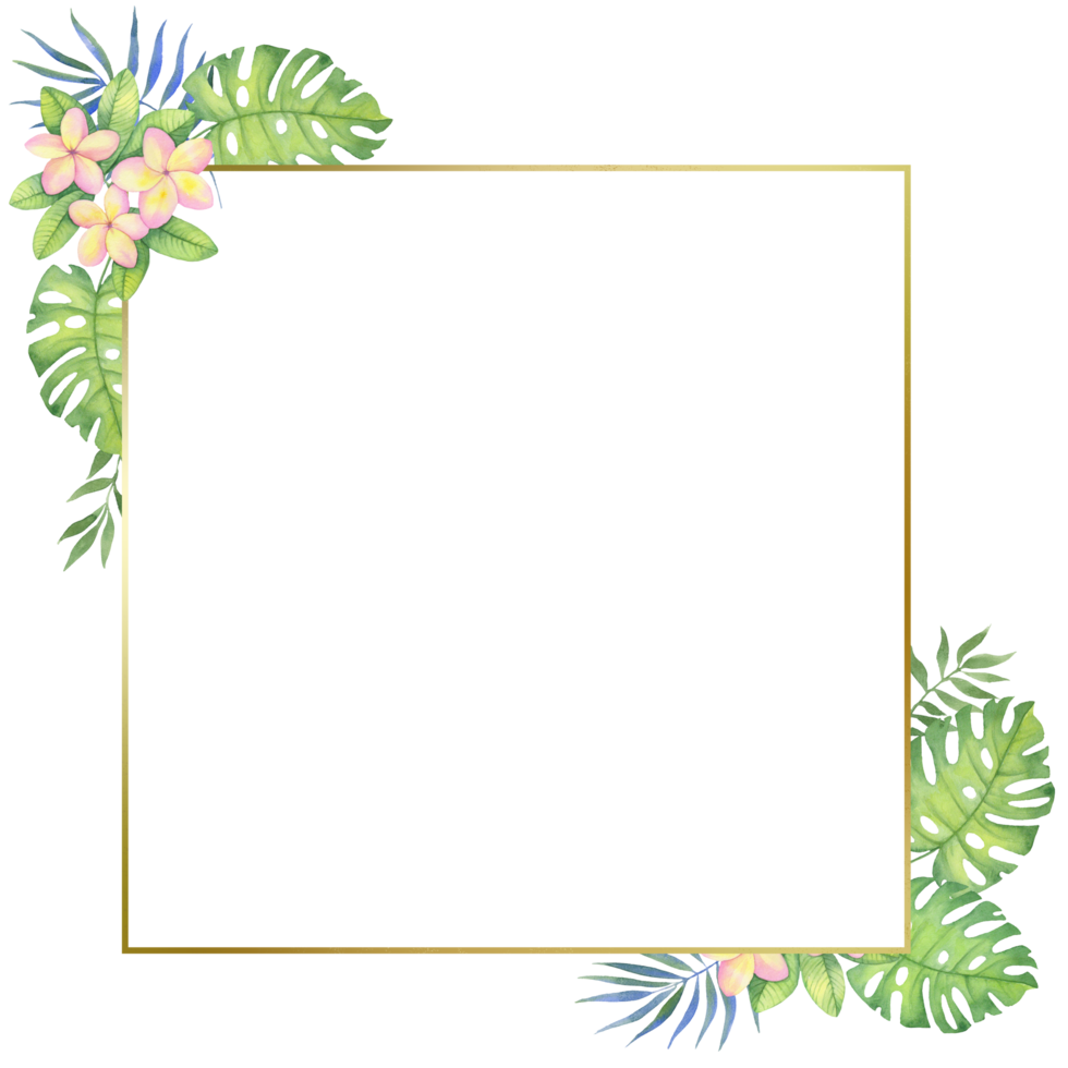 Golden frame with tropical flowers and leaves. Watercolor illustration for invitations, holiday card png