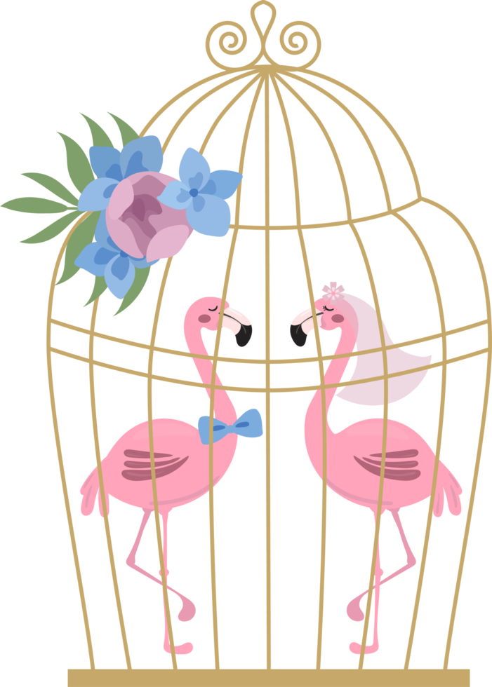 två flamingos i en fågelbur, brud och brudgum, bröllop illustration, kärlek flamingos, tropisk platt stil illustration png