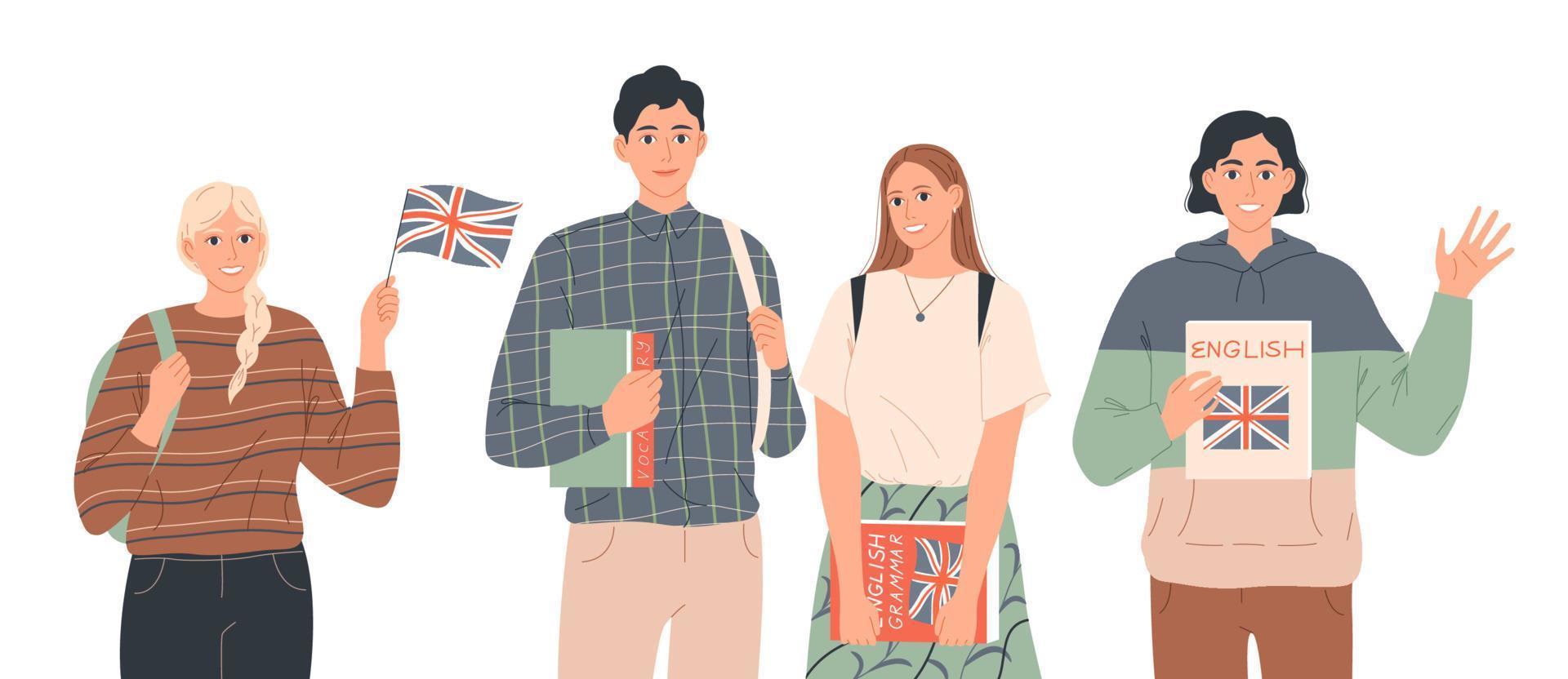 grupo de estudiantes. educación, estudio de inglés, cursos de idiomas extranjeros. vector