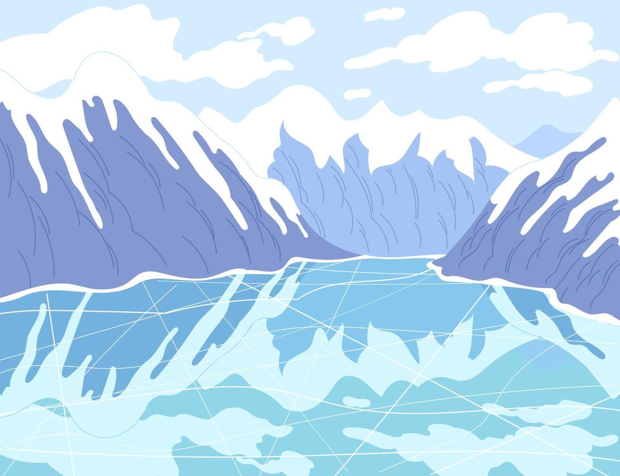 Winter mountain scenery with a frozen lake vector