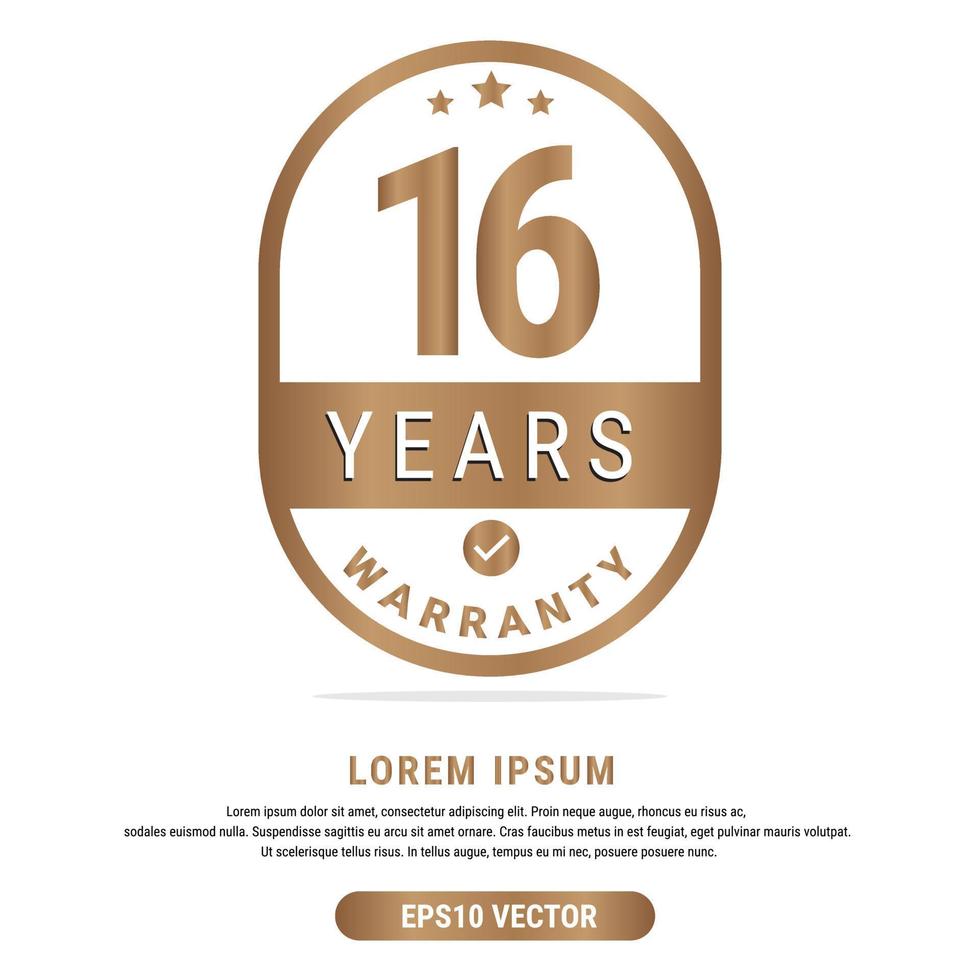16 Year warranty vector art illustration in gold color with fantastic font and white background. Eps10 Vector