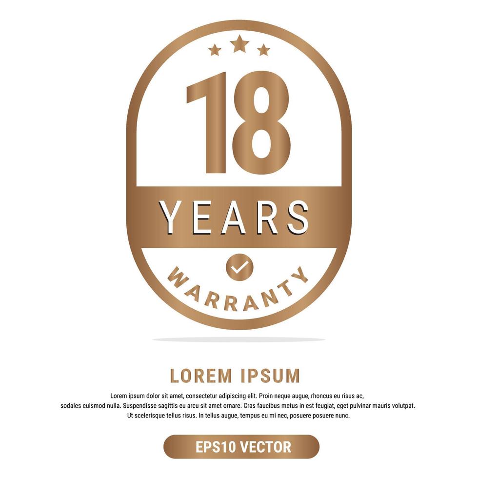 18 Year warranty vector art illustration in gold color with fantastic font and white background. Eps10 Vector