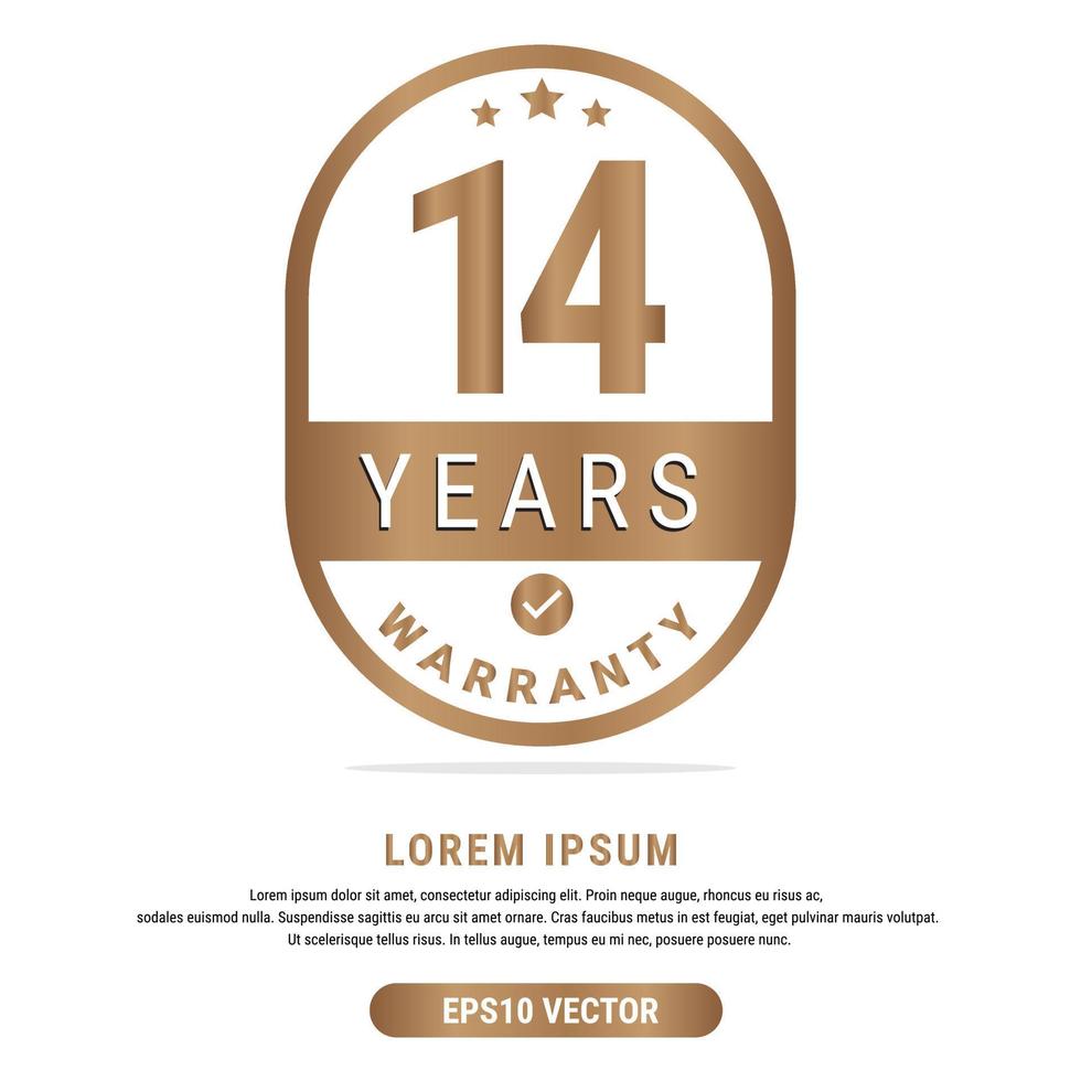 14 Year warranty vector art illustration in gold color with fantastic font and white background. Eps10 Vector