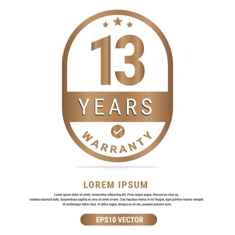 13 Year warranty vector art illustration in gold color with fantastic font and white background. Eps10 Vector