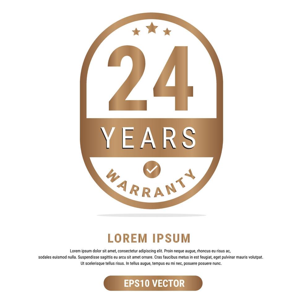 24 Year warranty vector art illustration in gold color with fantastic font and white background. Eps10 Vector