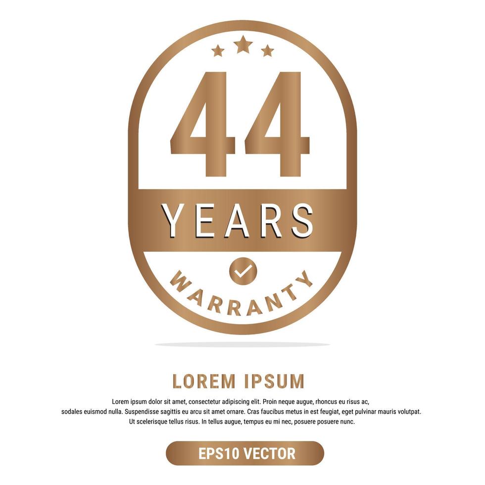 44 Year warranty vector art illustration in gold color with fantastic font and white background. Eps10 Vector
