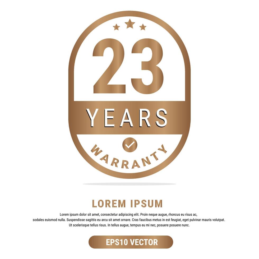 23 Year warranty vector art illustration in gold color with fantastic font and white background. Eps10 Vector