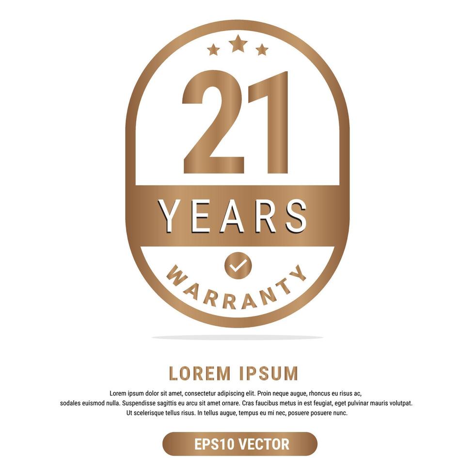 21 Year warranty vector art illustration in gold color with fantastic font and white background. Eps10 Vector