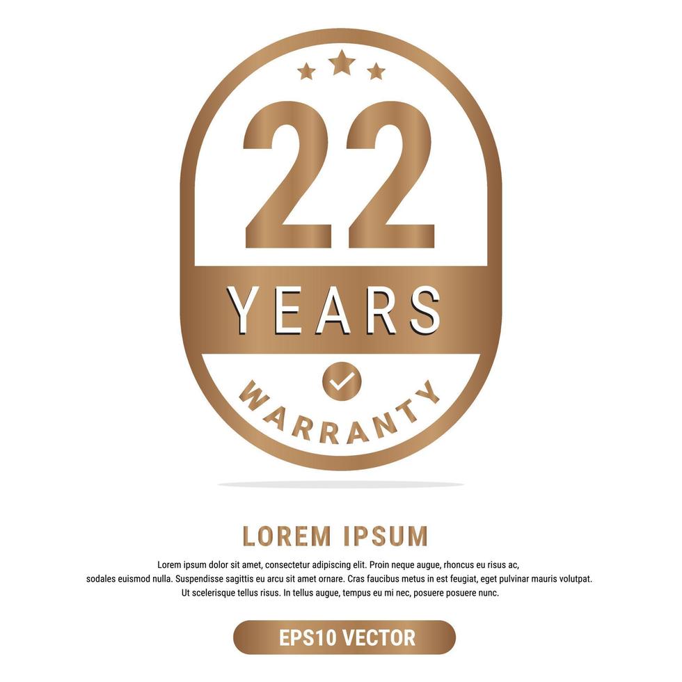 22 Year warranty vector art illustration in gold color with fantastic font and white background. Eps10 Vector