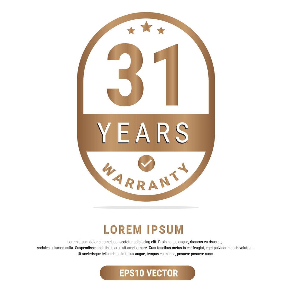31 Year warranty vector art illustration in gold color with fantastic font and white background. Eps10 Vector