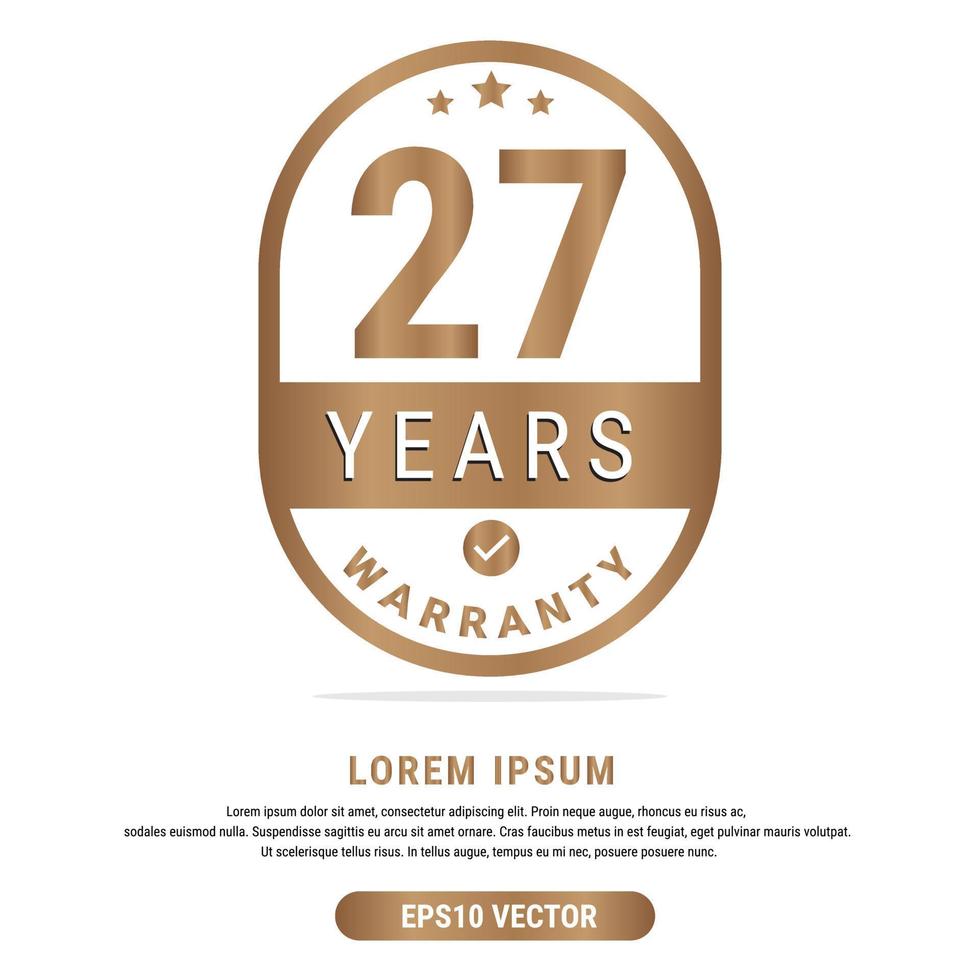 27 Year warranty vector art illustration in gold color with fantastic font and white background. Eps10 Vector