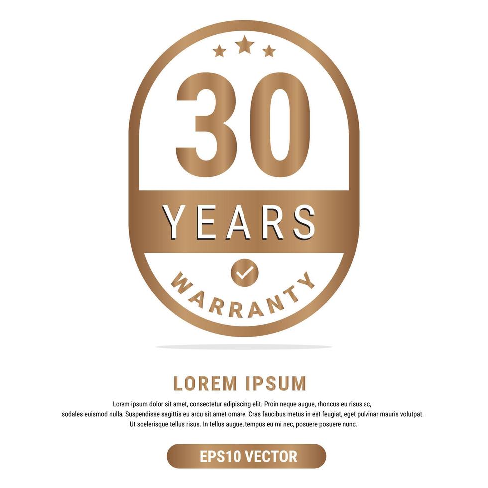 30 Year warranty vector art illustration in gold color with fantastic font and white background. Eps10 Vector