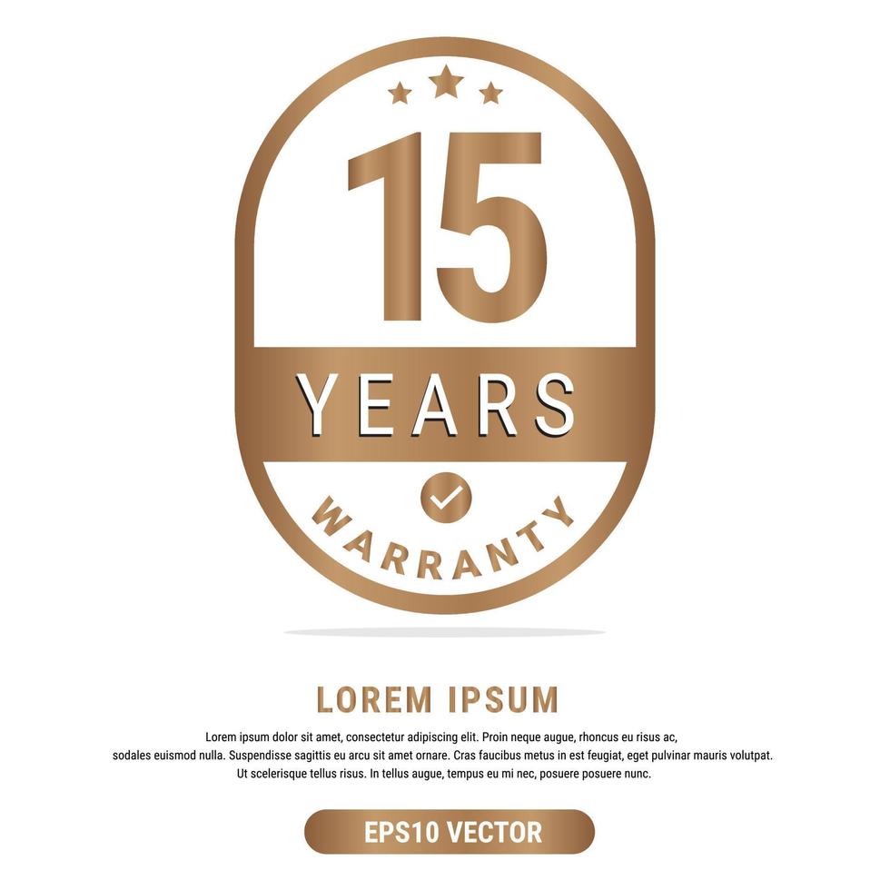 15 Year warranty vector art illustration in gold color with fantastic font and white background. Eps10 Vector