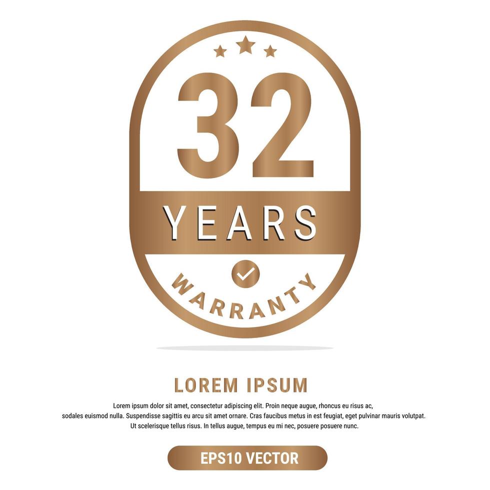 32 Year warranty vector art illustration in gold color with fantastic font and white background. Eps10 Vector