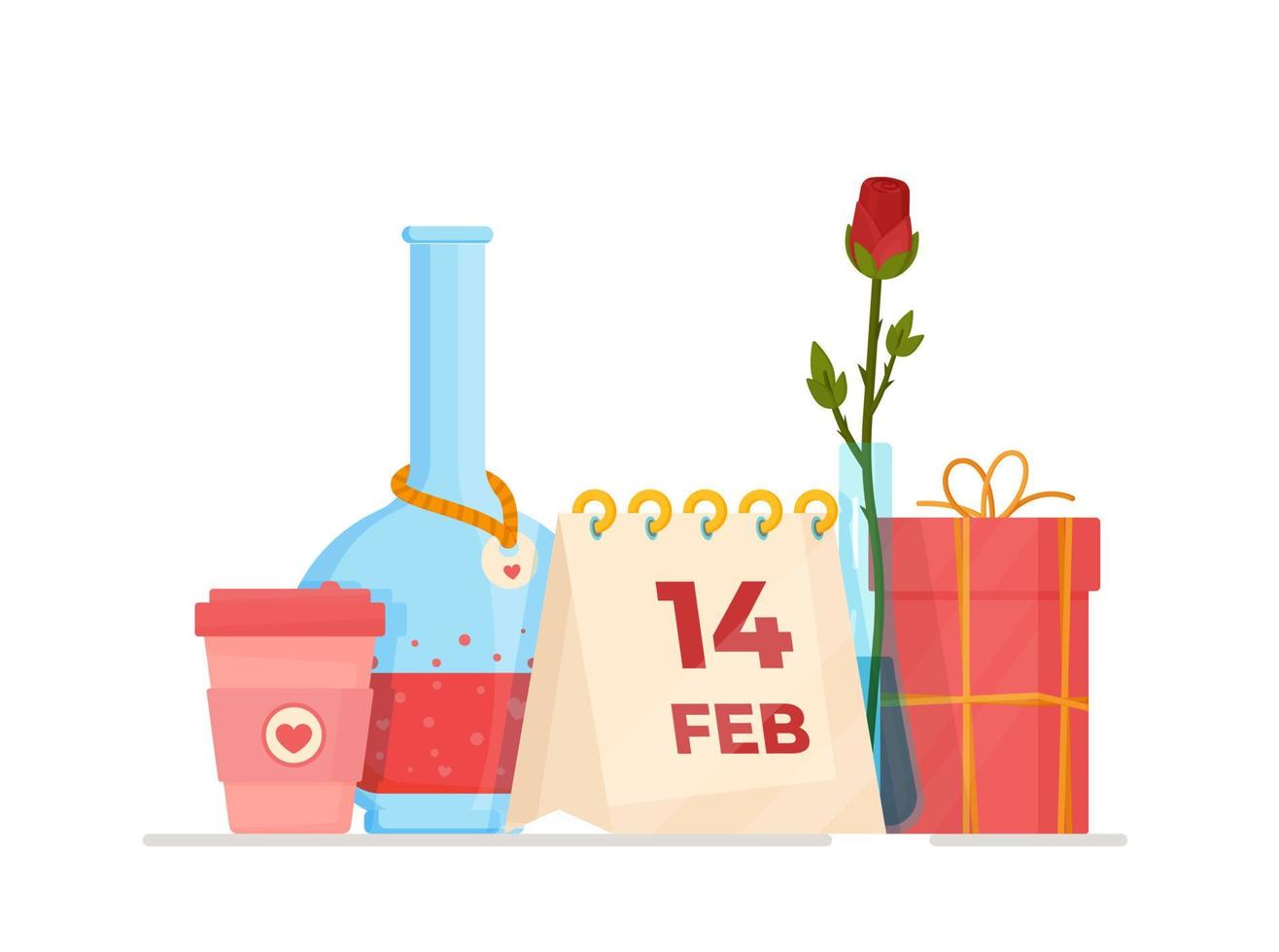 The concept of a romantic mood. Vector illustration of lovely concept on white background. Love potion, rose, gift, coffee and calendar for February 14. St. Valentine's Day.